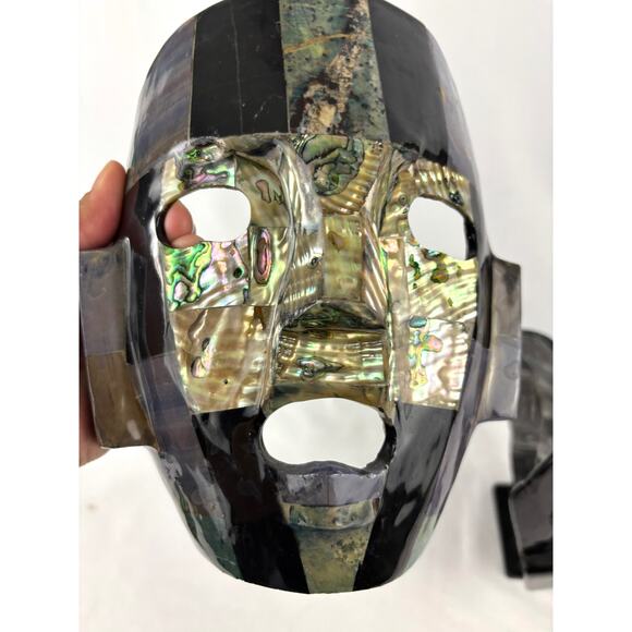 Vintage Pair Mexican Shell + Stone Mosaic Mask Folk Art Aztec Style Tessellated - Picture 11 of 14